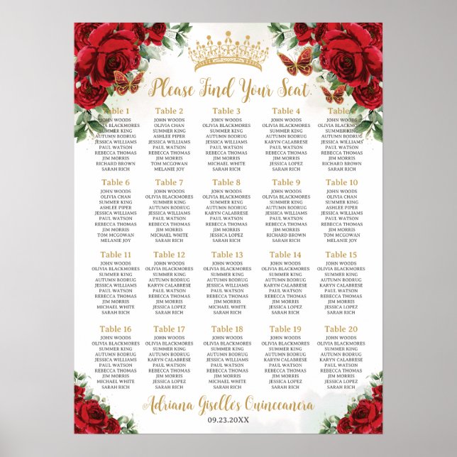 Red Roses Floral Sweet  15 16 Quinceañera Seating Poster (Front)