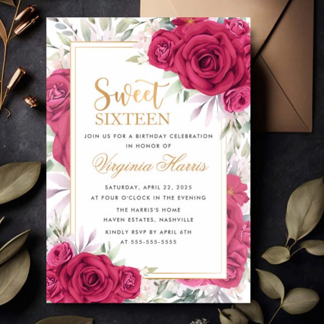 Red Roses Floral Sweet Sixteen 16 Birthday Invitation (Creator Uploaded)