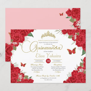 Red Roses Floral Tiara Butterfly Quinceanera Invitation