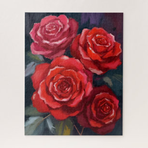 Red Roses Floral Watercolor Painted Flowers Jigsaw Puzzle