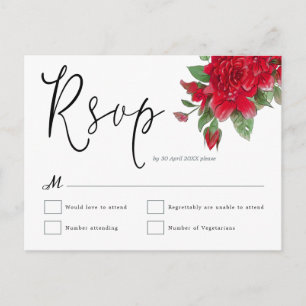 Red Roses Florals Leaf Script Wedding RSVP Postcard