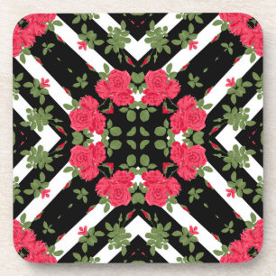 Red roses flowers floral kaleidoscopic black white coaster