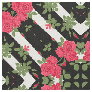 Red roses flowers floral kaleidoscopic black white fabric