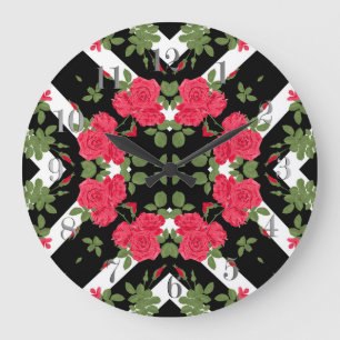 Red roses flowers floral kaleidoscopic black white large clock