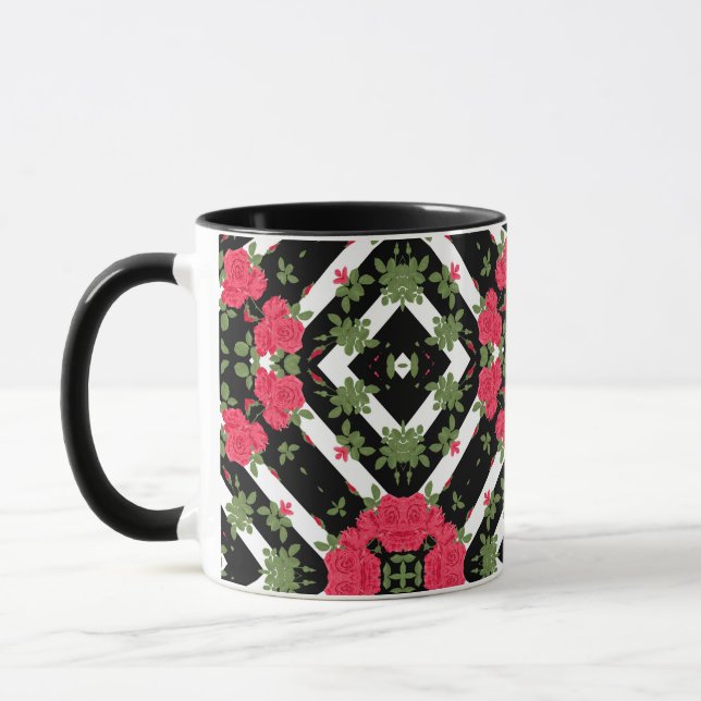 Red roses flowers floral kaleidoscopic black white mug (Left)