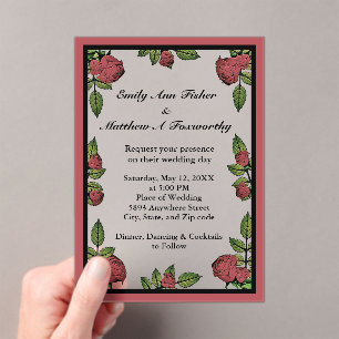 Red Roses Frame Image with Light Red Cloud Wedding Acrylic Invitations