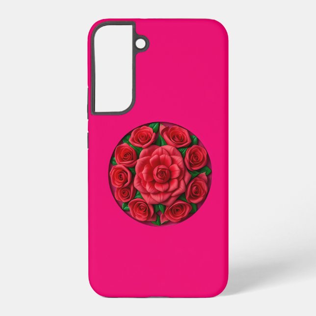 Red Roses Framed in a Circle on Pink Backdrop Samsung Galaxy S22+ Case (Back)