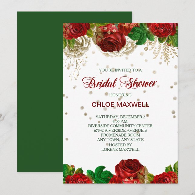 Red Roses Frontière Douche nuptiale Invitation (Devant / Derrière)