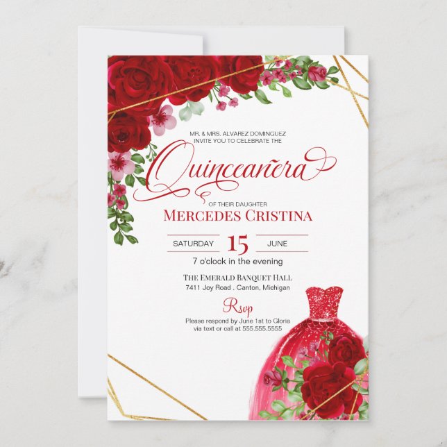 Red Roses & Glitter Dress Glamourous Quinceañera  Invitation (Front)