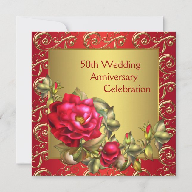 Red Roses Gold 50th Wedding Anniversary Invitation (Front)