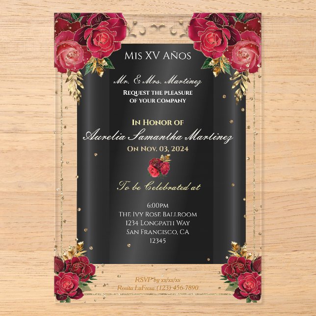 Red Roses, Gold, & Black Quinceañera  Acrylic Invitations (Front)