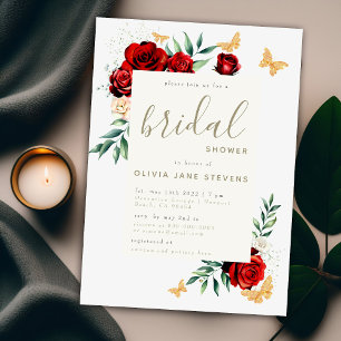 Red Roses Gold Butterflies Elegant Bridal Shower Invitation