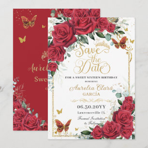 Red Roses Gold Butterflies Quinceanera Sweet 16 Save The Date