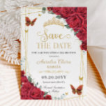 Red Roses Gold Butterflies Quinceanera Sweet 16  Save The Date<br><div class="desc">Personalize this beautiful red roses save the date card easily and quickly. Simply click the "Edit Using Design Tools" button to modify the text, wording, font style, font size, and font colour. You can also add or remove text, and move or remove images. The butterflies and crown are movable, resizable,...</div>