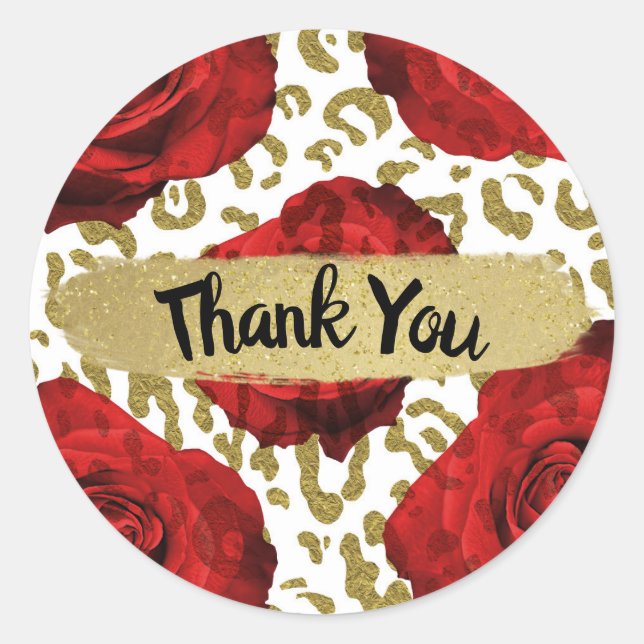 Red Roses Gold Cheetah Leopard Animal Print Party Classic Round Sticker (Front)