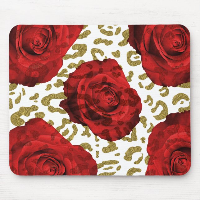 Red Roses Gold Cheetah Leopard Glam Animal Print Mouse Pad (Front)