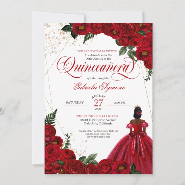 Red Roses & Gold Elegant Gown Quinceañera Invitati Invitation (Front)