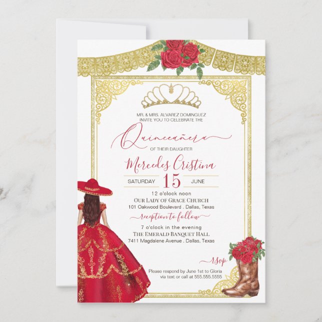 Red Roses Gold Elegant Western Charro Quinceanera  Invitation (Front)
