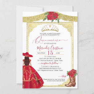 Red Roses Gold Elegant Western Charro Quinceanera  Invitation