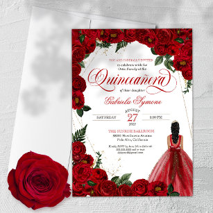Red Roses & Gold Fancy Red Ball Gown Quinceañera I Invitation