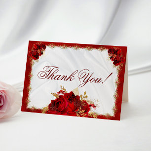 Red Roses Gold Floral Wedding Thank You Card