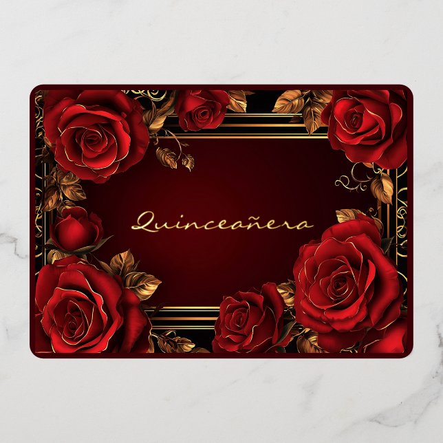 Red Roses Gold Frame Quinceañera  Foil Invitation (Front)