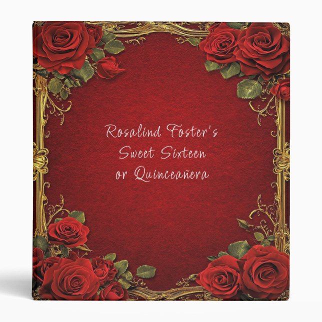 Red Roses Gold Frame Sweet Sixteen, Quinceanera Binder (Front)