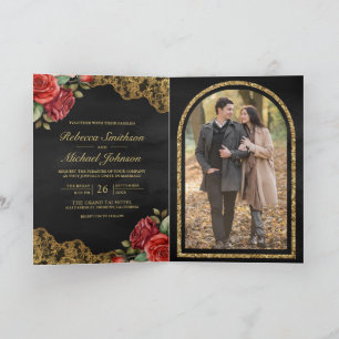 Red Roses Gold Lace Black QR Code Photo Wedding Invitation