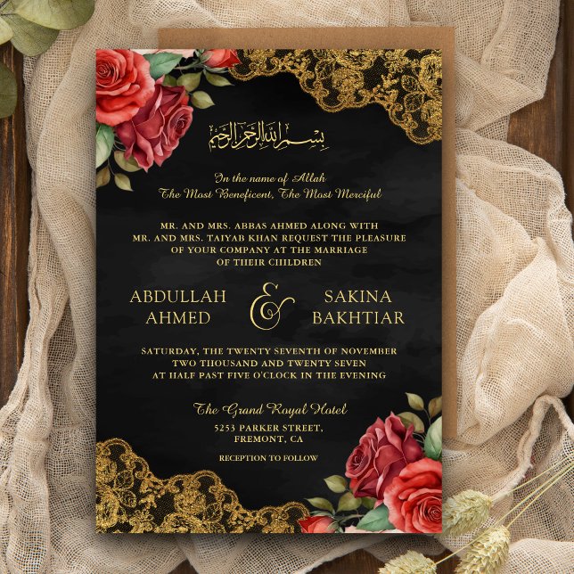 Red Roses Gold Lace QR Code Black Muslim Wedding Invitation (Creator Uploaded)