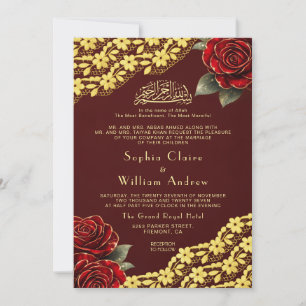 Red Roses Gold Lace QR Code Maroon Wedding  Invitation