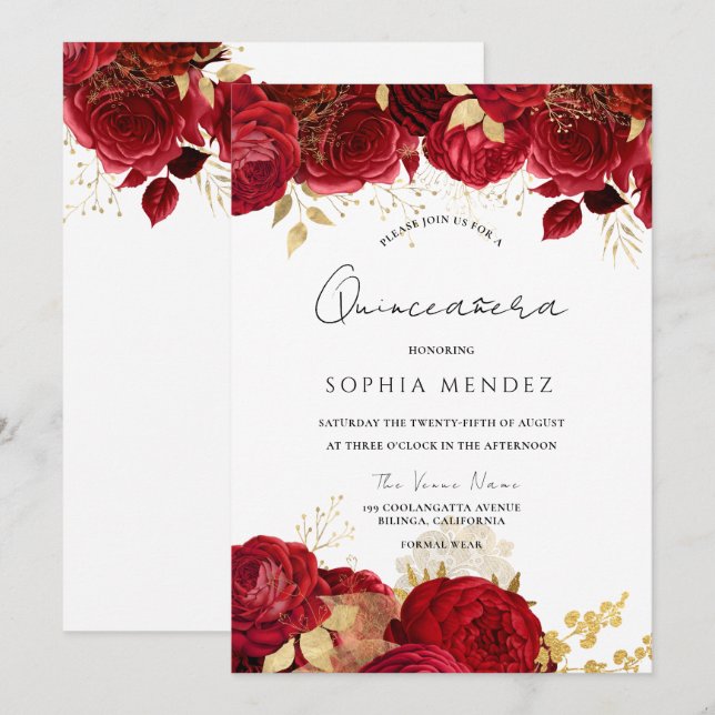 Red Roses Gold leaf Quinceanera Party Invitation (Front/Back)