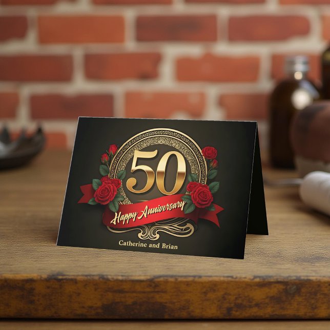 Red Roses & Gold Numerals 50th Wedding Anniversary Card (Creator Uploaded)