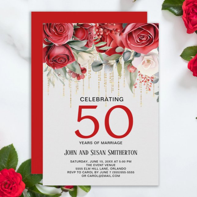 Red Roses Gold String Lights 50th Anniversary Invitation (Red roses and gold curtain string lights 50th wedding anniversary invitation)