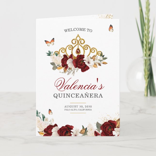 Red Roses Gold Tiara Butterfly Quinceanera Program (Front)