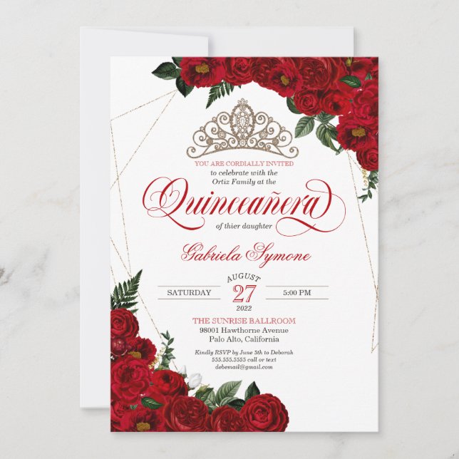 Red Roses & Gold Tiara Elegant Quinceañera Invitation (Front)