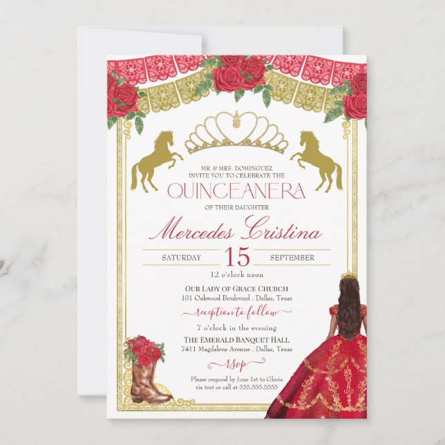 Red Roses & Gold Western Charro Dress Quinceañera  Invitation (Front)