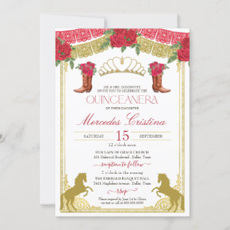 Red Roses Gold Western Charro Quinceañera Invitation