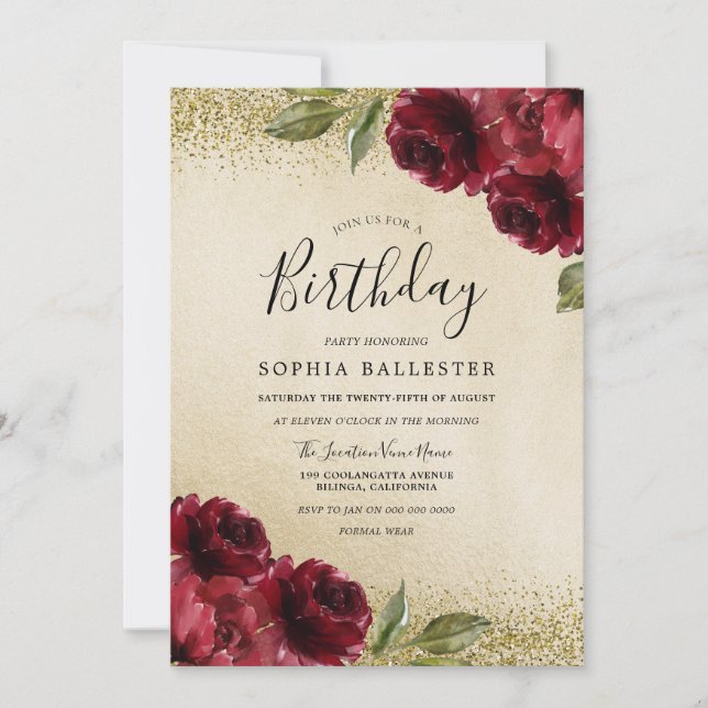 Red Roses Golden Glitter Birthday Party Invitation (Front)