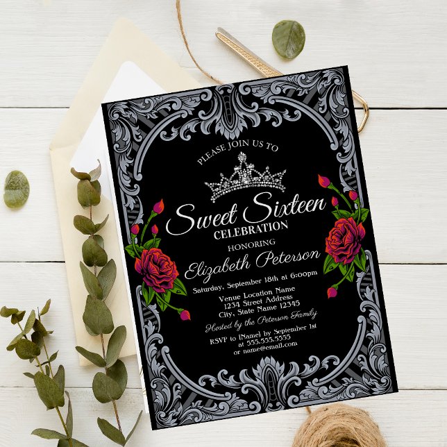 Red Roses Gothic Black Stripes Sweet 16 Invitation (Creator Uploaded)
