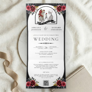 Red Roses Gothic Skeleton Couple QR Code Wedding Tri-Fold Invitation