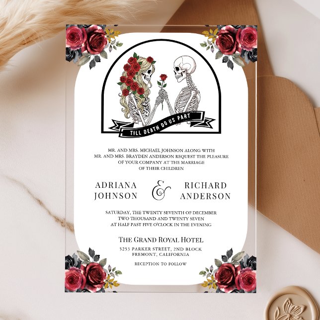 Red Roses Gothic Skeleton Couple Wedding Acrylic Invitations (Creator Uploaded)