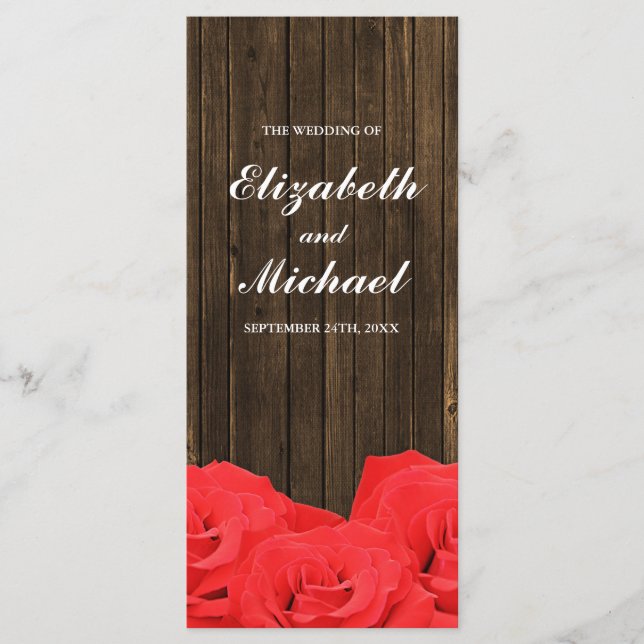 Red Roses Grange Programme de mariage en bois (Devant)