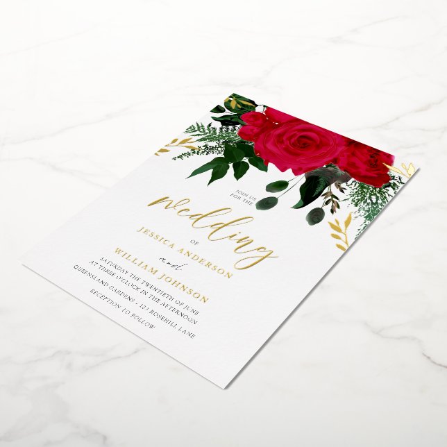 Red Roses & Green Leaf Wedding Gold Foil (Rotated)