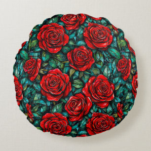 Red Roses & Green Leaves 🌹🍃 Romantic Floral Chic Round Pillow