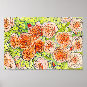 Red Roses, Green Leaves Rose Garden Floral Sketch Poster