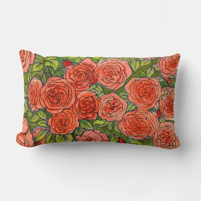Red  Roses, Green Leaves Rose Garden Summer Flower Lumbar Pillow (Front)