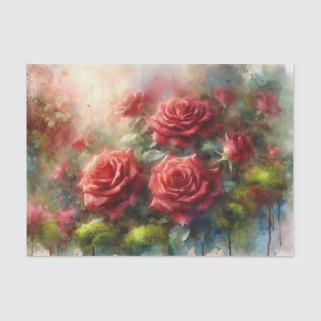 Red Roses Green Moss Impressionist Decoupage Tissue Paper (Front)