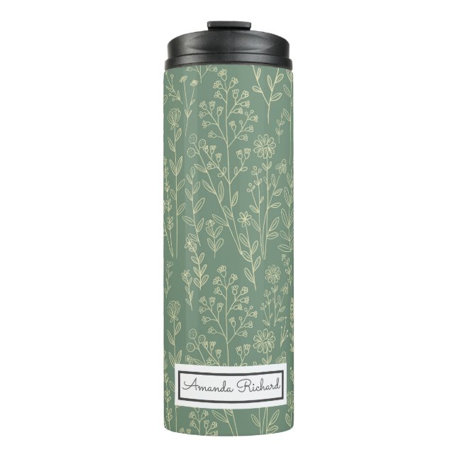 Red Roses Green Whimsical Pattern Thermal Tumbler (Front)