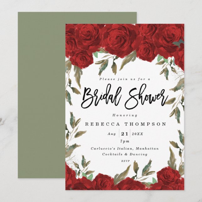 red roses & greenery boho modern bridal shower invitation (Front/Back)