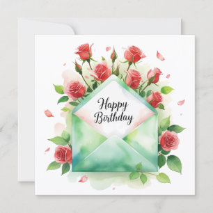 Red roses & Happy birthday. Greeting card